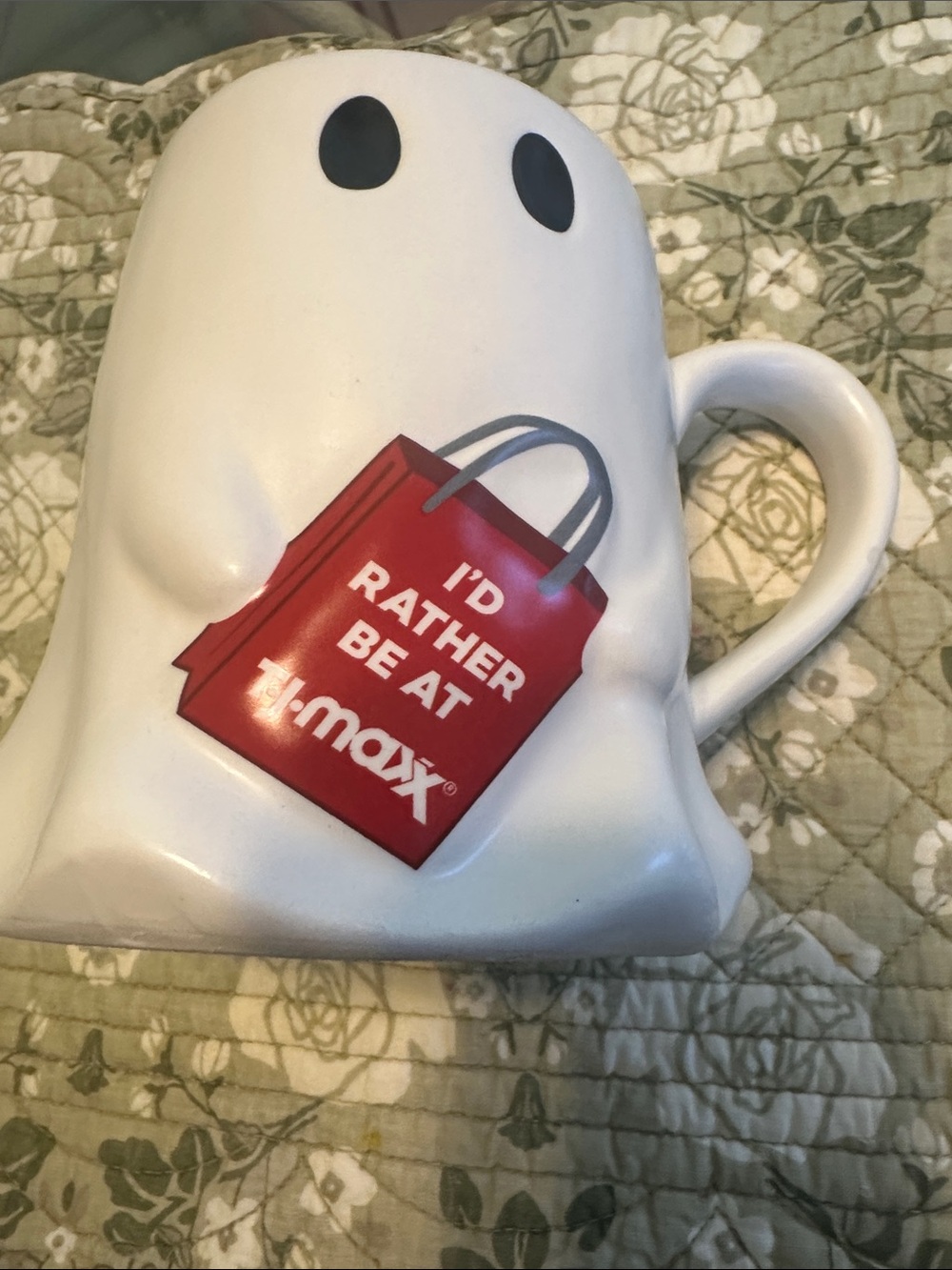 T.J.Maxx White Ghost Mug with Red Shopping Bag Accent Brand New,